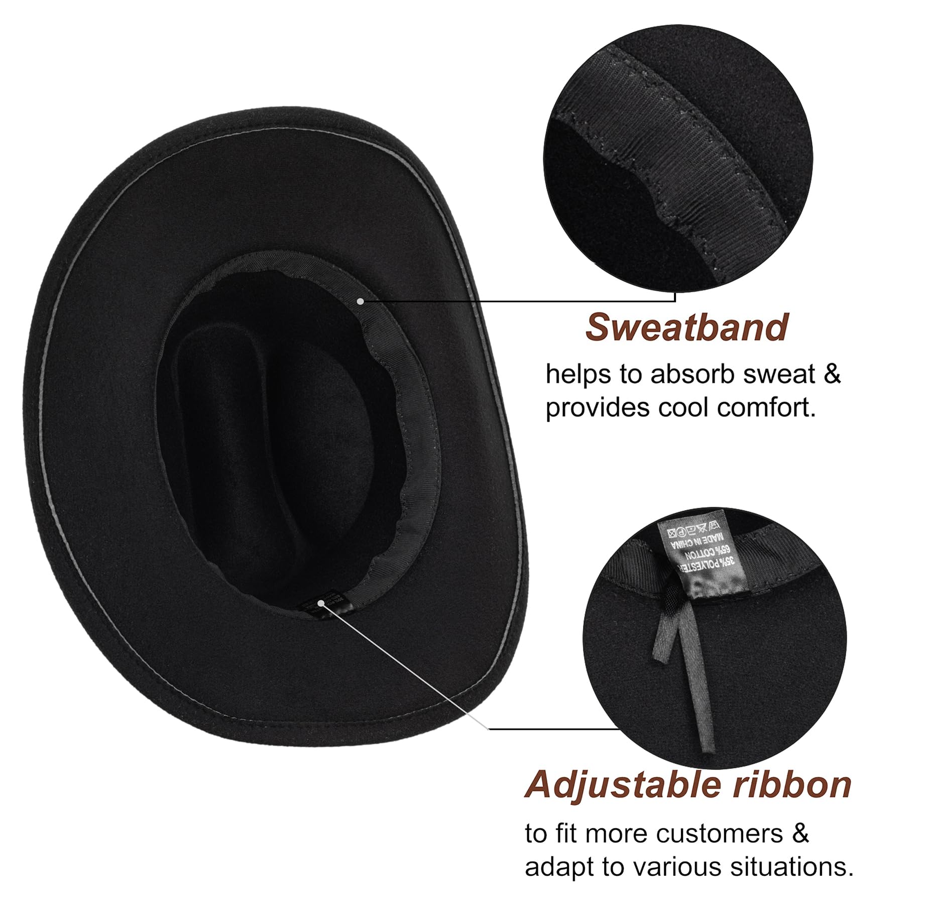 FGSS Classic Felt-Western-Cowboy-Cowgirl-Hats for Women-Men Fedora-Jazz-Hat with Band(Lagre)