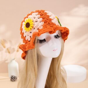 Verdusa Women's Floral Applique Crochet Bucket Hats Knit Caps Orange one-Size