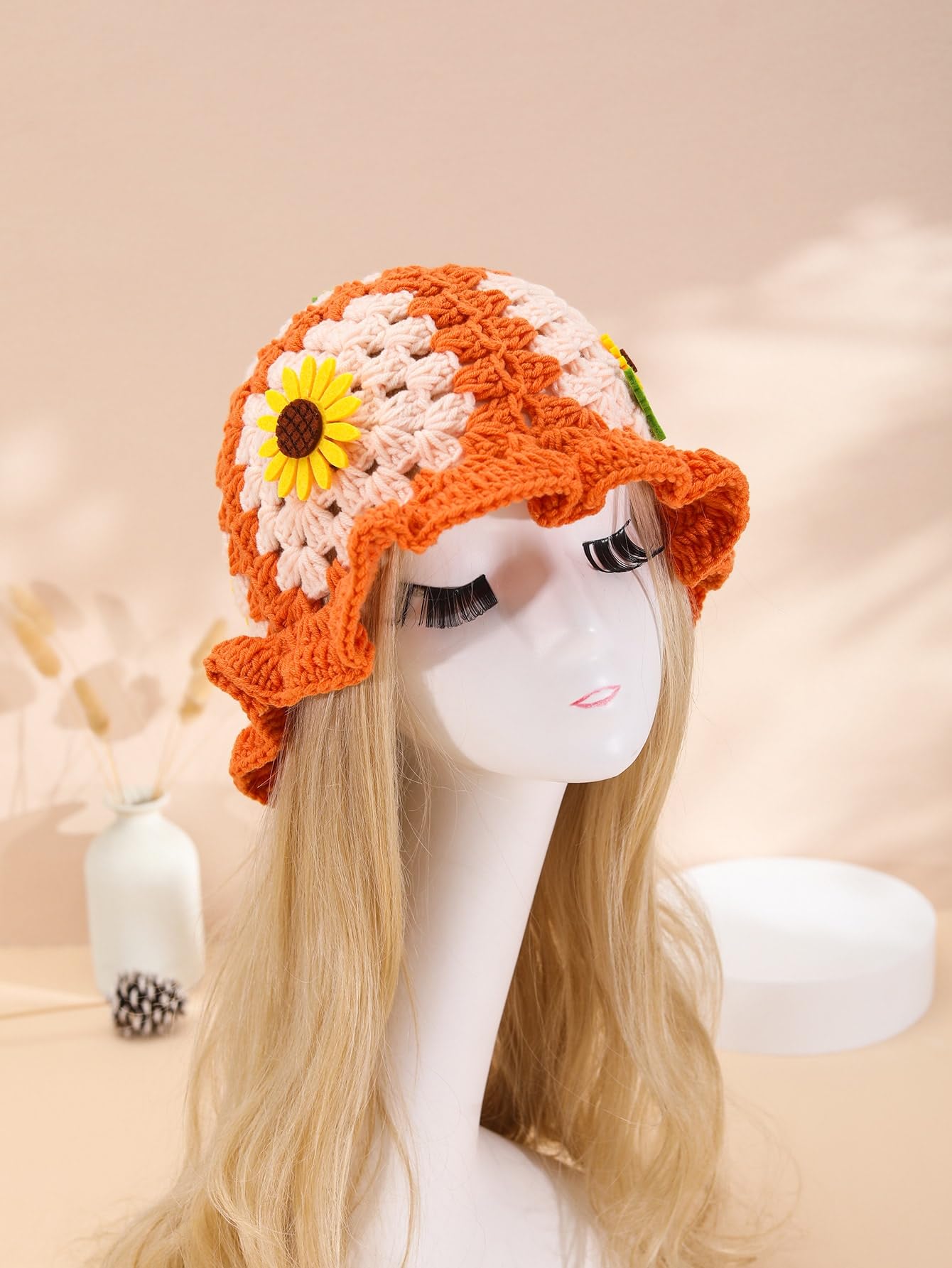 Verdusa Women's Floral Applique Crochet Bucket Hats Knit Caps Orange one-Size