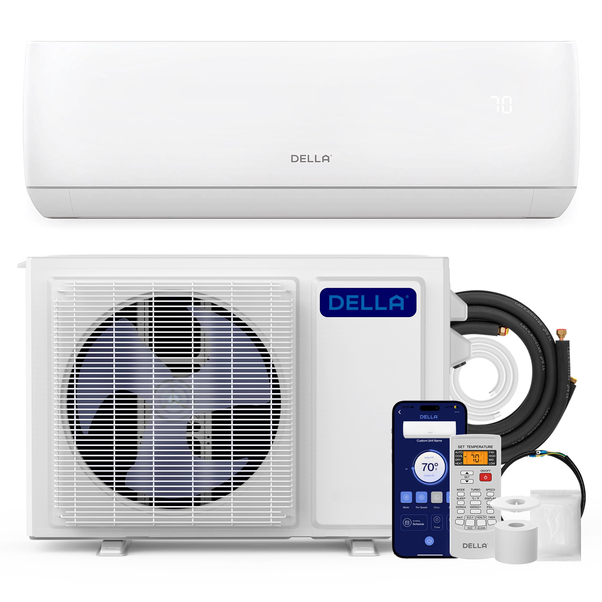 DELLA Motto Series 12000 BTU Wifi Enabled Mini Split 20 SEER2 Cools Up to 550 Sq.Ft, 110-120V, Works with Alexa, Air Conditioner & Heater with 1 Ton Pre-Charged Heat Pump (R32 Refrigerant)