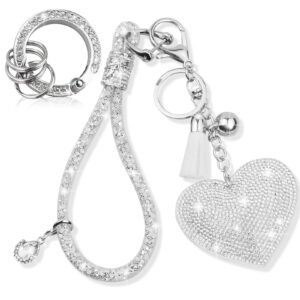 Yiflin Crystal Keychain Set, Rhinestone Heart-shaped Key chain with Tassel, Bling Car keychain for Women,Bling Wrist Lanyard for Keys, Car keys. (Silver)