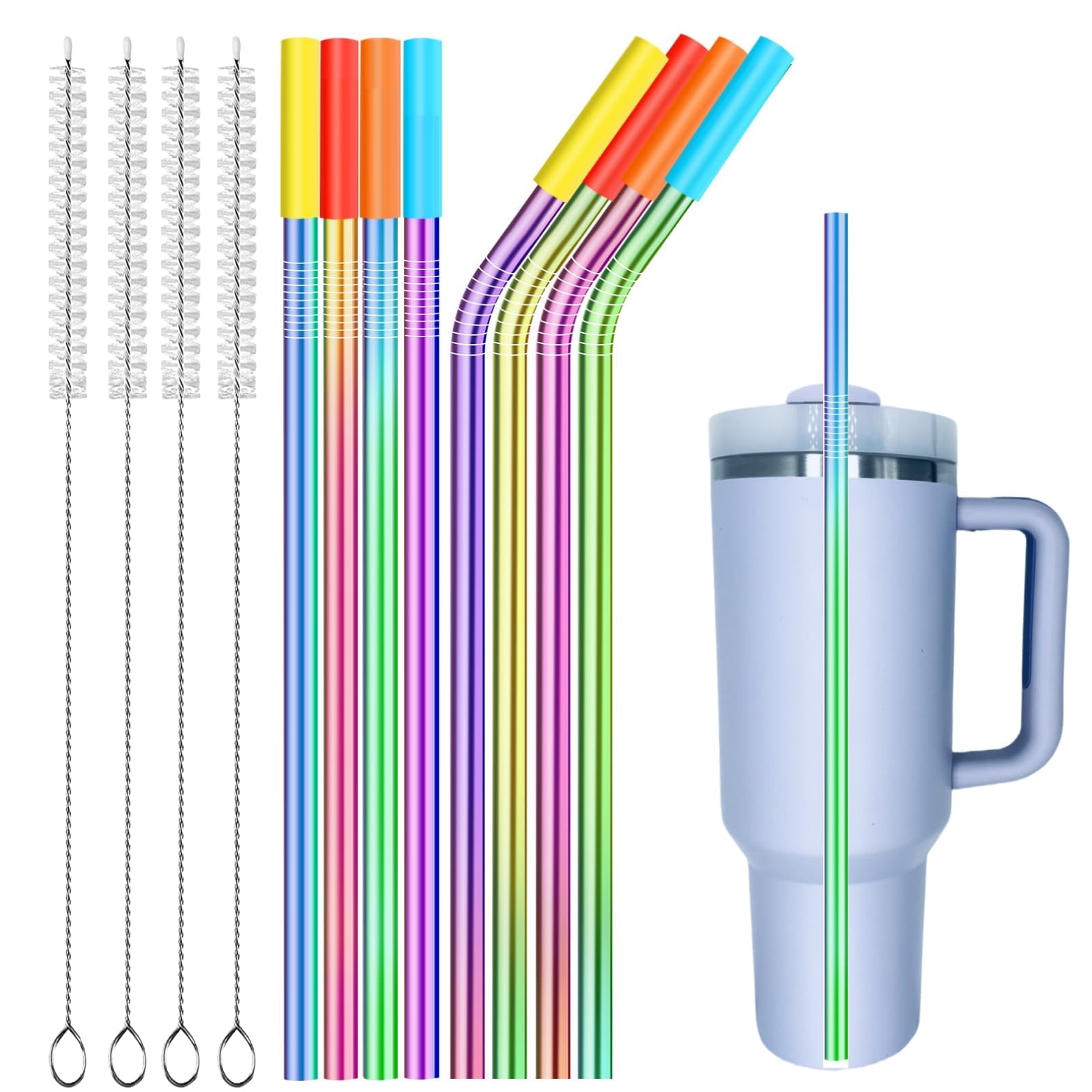 Stainless Steel Straw Replacement Fits for Stanley Adventure Travel Tumbler and Simple Modern 40 oz Tumblers - 8 Reusable Metal Straws with Silicone Tips and 4 Cleaning Brushes (Rainbow)