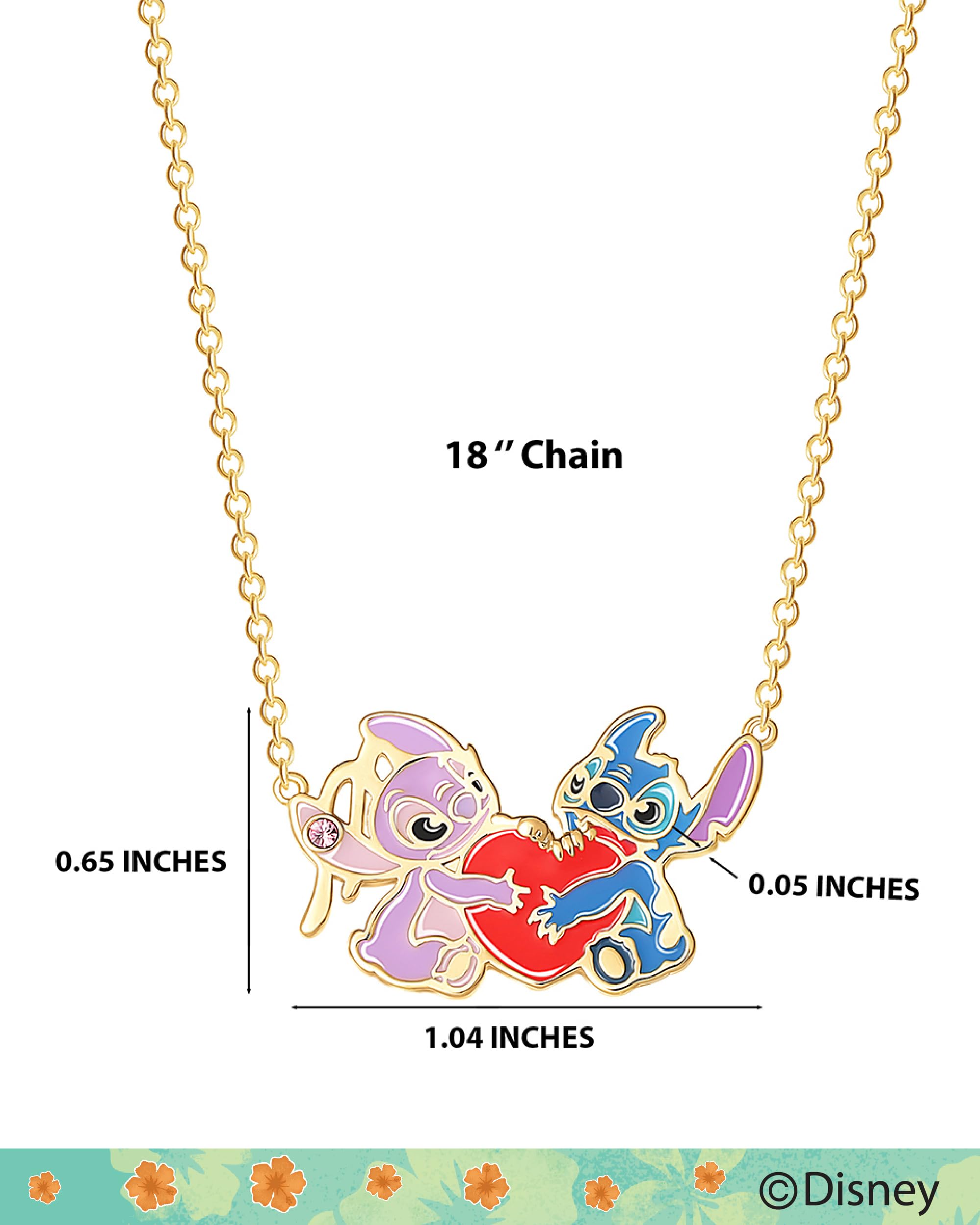 Disney Womens Stitch and Angel Heart Pendant Necklace 18" - 18kt Flash Plated Stitch Necklace Officially Licensed