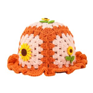 Verdusa Women's Floral Applique Crochet Bucket Hats Knit Caps Orange one-Size