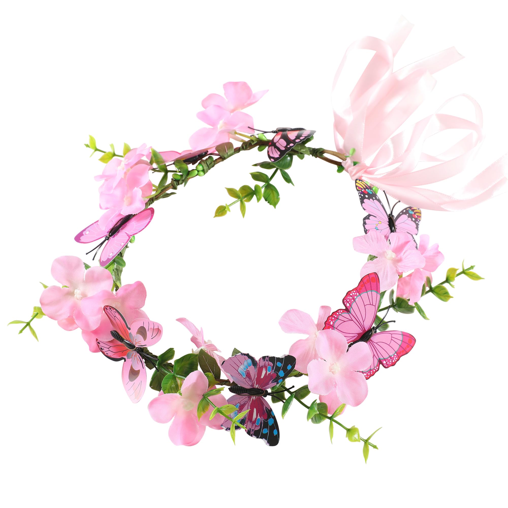 Gmmidea Butterfly Flower Crown for Women Girls Fairy Flower Headband Crown Adjustable Wedding Festival Floral Hair Wreath Pink