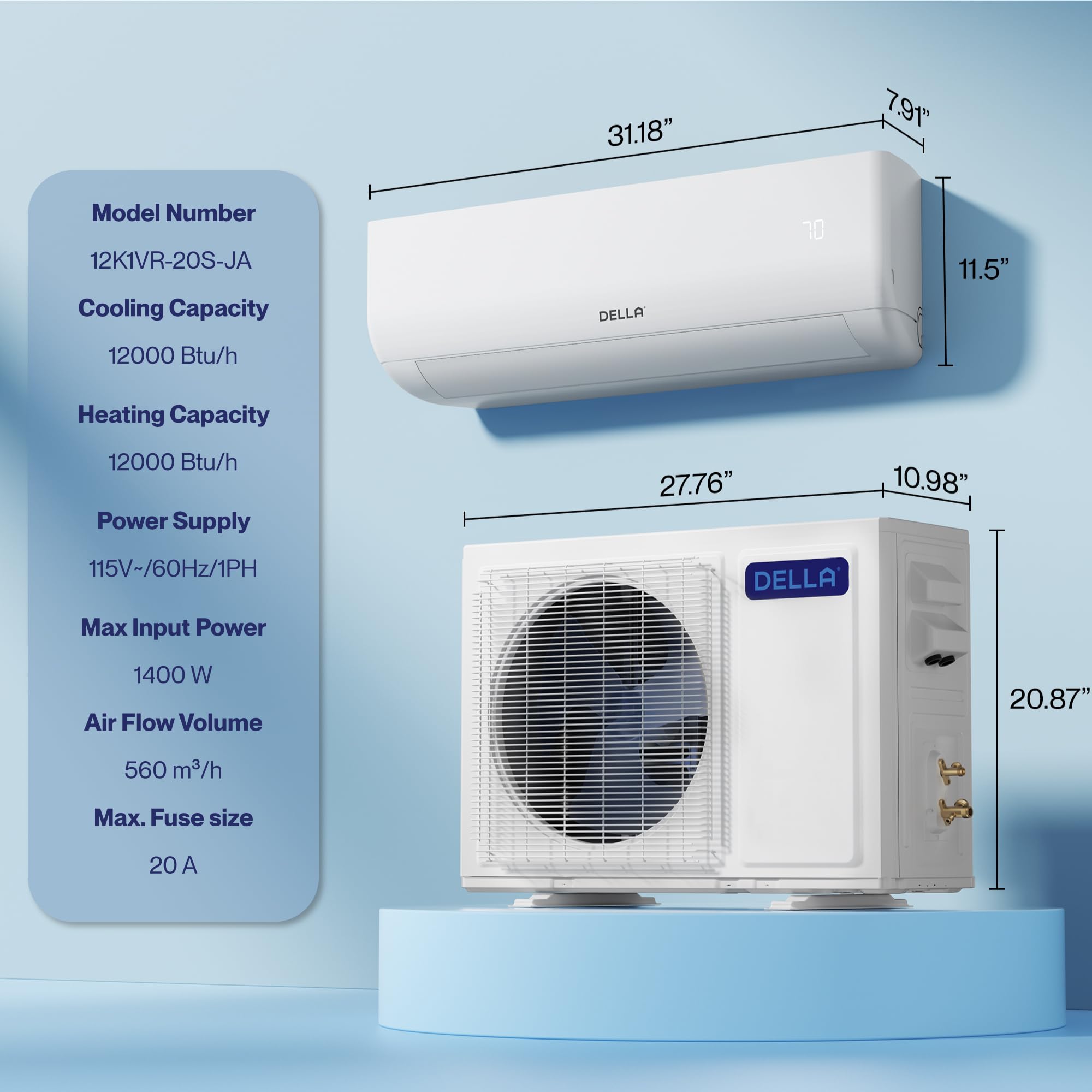 DELLA Motto Series 12000 BTU Wifi Enabled Mini Split 20 SEER2 Cools Up to 550 Sq.Ft, 110-120V, Works with Alexa, Air Conditioner & Heater with 1 Ton Pre-Charged Heat Pump (R32 Refrigerant)