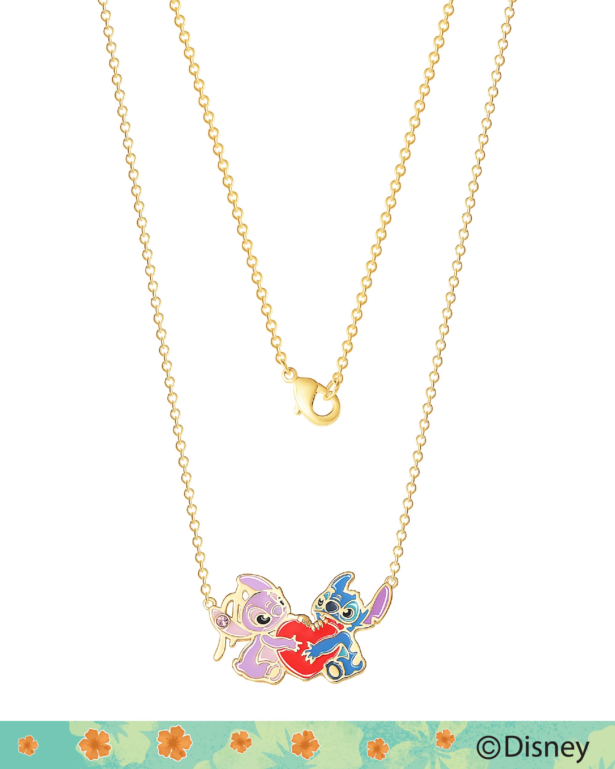 Disney Womens Stitch and Angel Heart Pendant Necklace 18" - 18kt Flash Plated Stitch Necklace Officially Licensed