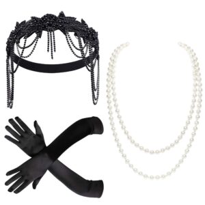 babeyond 1920s accessories for women - great gatsby accessories flapper headband headpiece pearl necklace gloves for women