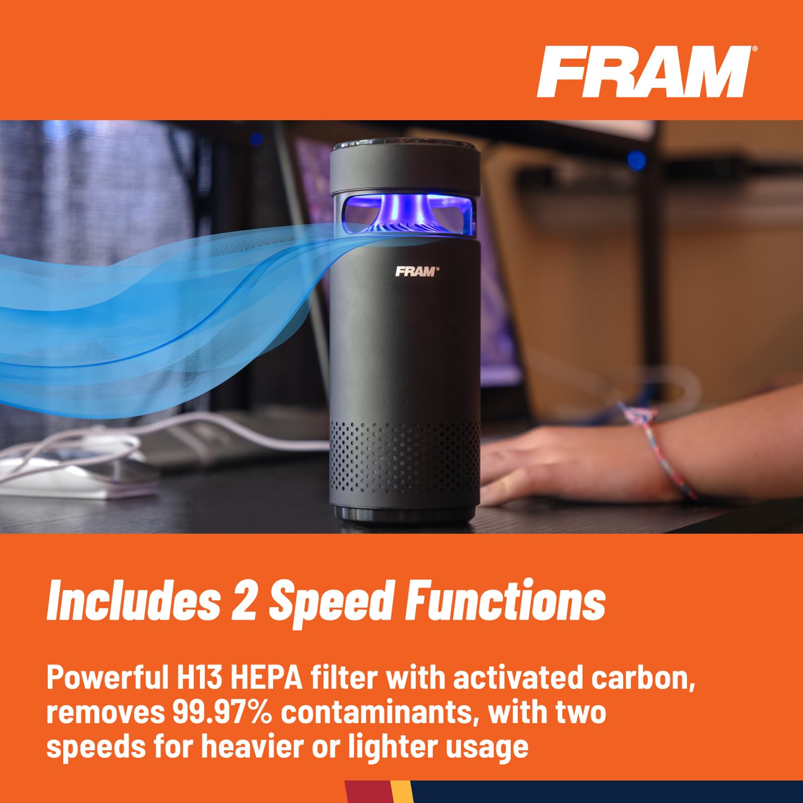 FRAM Portable Air Purifier H13 HEPA Filtration & UV-C LED Sterilization | Rechargeable Cordless Design for Home, Vehicles, Office, & Travel | Cleans Air of Dust, Smoke, & Other Contaminants | CAP30100