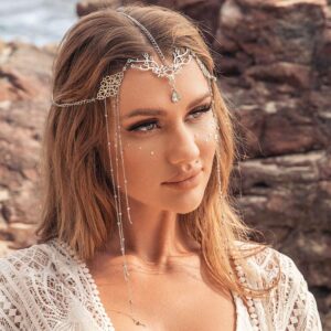 Jovono Boho Head Chain with Fairy Elf Ears Silver Hair Chain Elf Headpieces Fairy Hair Accessories for Women