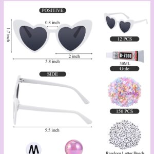 Xuhal 13 Pairs Valentines Day Heart Party Sunglass Bulk Bachelorette Glasses with DIY Letter Bead Pearl for Wedding Party(White)