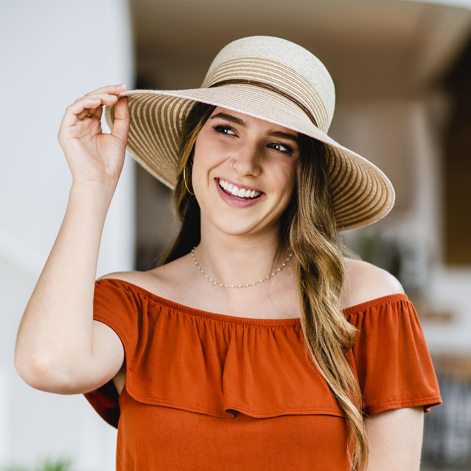 Wallaroo Hat Company Women’s Petite Marseille Sun Hat – UPF 50+ Sun Protection, Packable Design and Adjustable Sizing for Smaller Crown Sizes – Sun Hat for Elegant Outdoor Events (White/Beige/Camel)