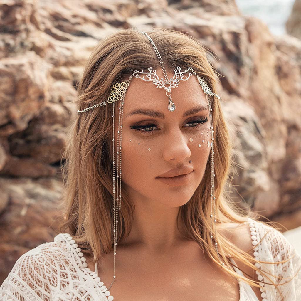 Jovono Boho Head Chain with Fairy Elf Ears Silver Hair Chain Elf Headpieces Fairy Hair Accessories for Women