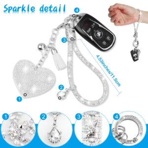 Yiflin Crystal Keychain Set, Rhinestone Heart-shaped Key chain with Tassel, Bling Car keychain for Women,Bling Wrist Lanyard for Keys, Car keys. (Silver)