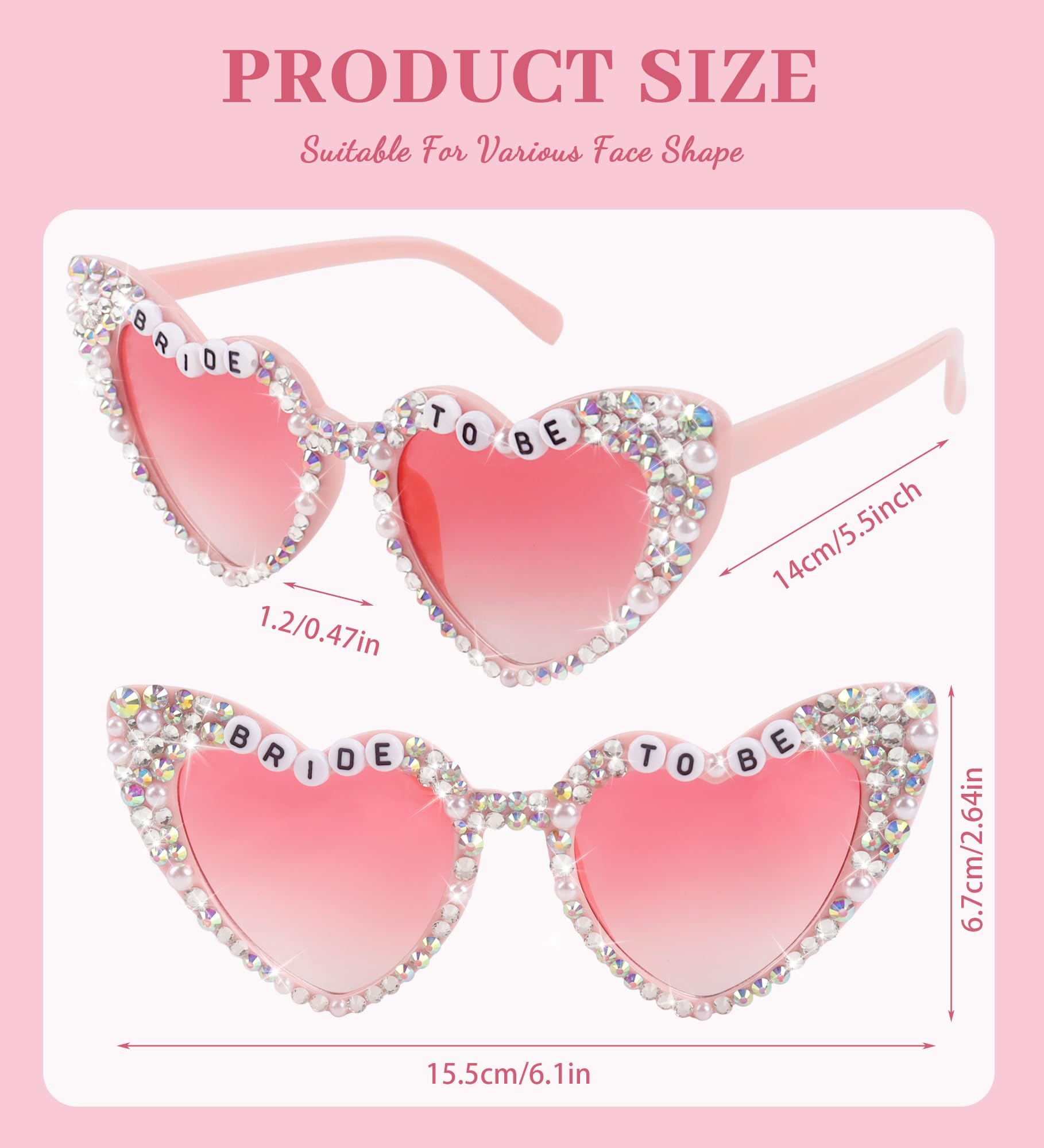 JUSTOTRY Bride Sunglasses For Bachelorette - Pink Bride To Be Sunglasses with Rhinestone For Bachelorette Party Gifts Accessories Party Favors (Heart Shape)