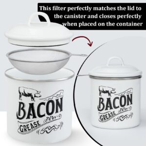 1.3L Bacon Grease Saver Container with Fine Mesh Strainer - Enamel & Stainless Steel Oil Keeper Can for Bacon Fat Dripping - Farmhouse Kitchen Gift & Decor Cooking Accessories - Dishwasher Safe, White