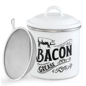 1.3l bacon grease saver container with fine mesh strainer - enamel & stainless steel oil keeper can for bacon fat dripping - farmhouse kitchen gift & decor cooking accessories - dishwasher safe, white