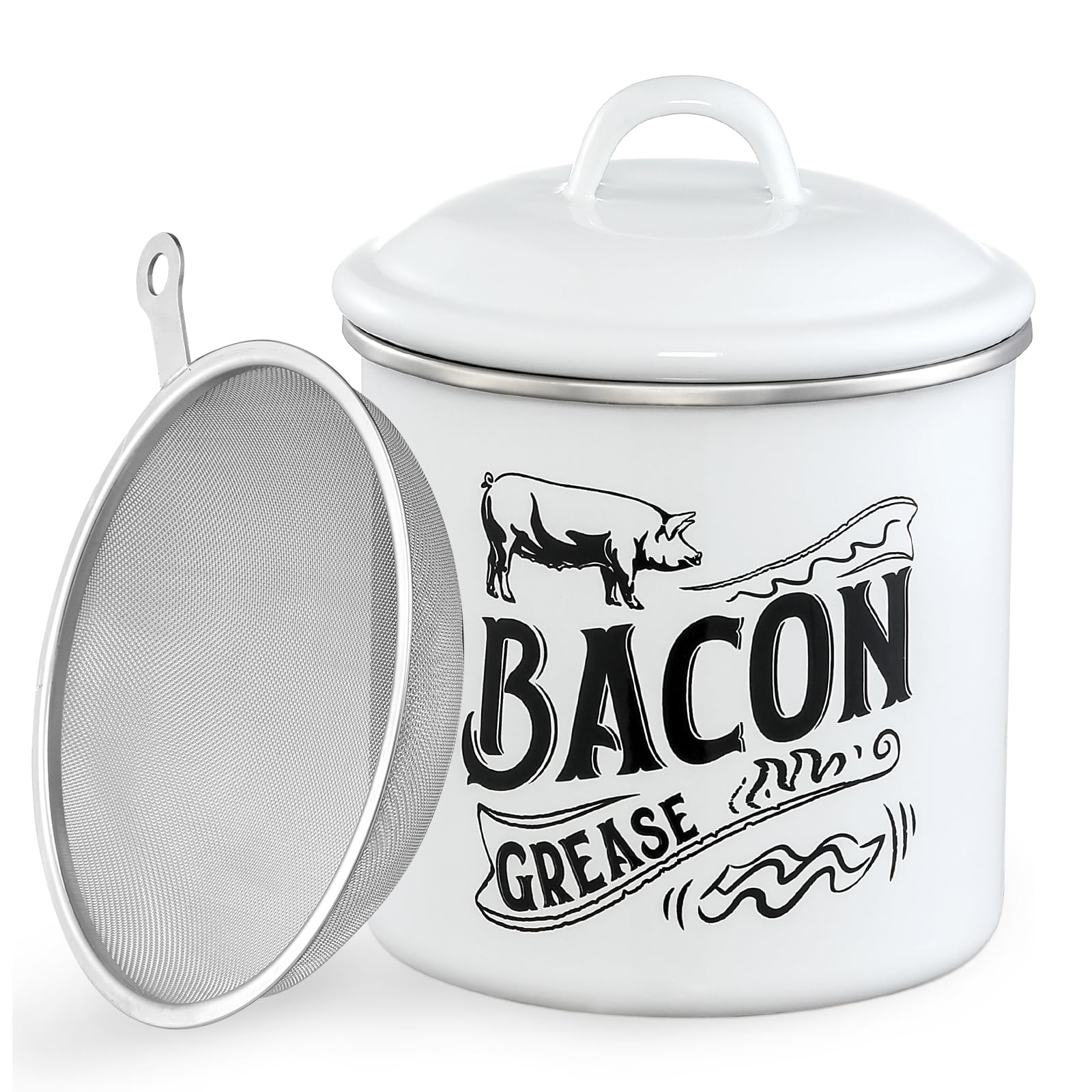 1.3L Bacon Grease Saver Container with Fine Mesh Strainer - Enamel & Stainless Steel Oil Keeper Can for Bacon Fat Dripping - Farmhouse Kitchen Gift & Decor Cooking Accessories - Dishwasher Safe, White