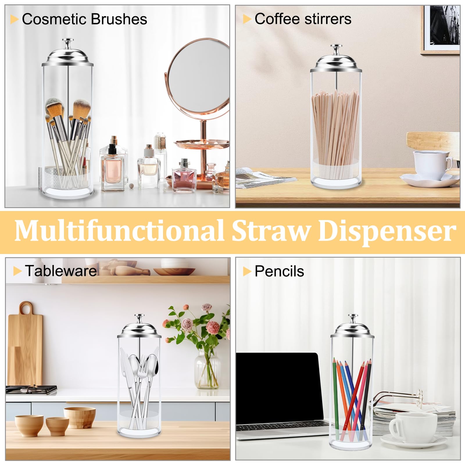 Mevtok Straw Holder for Standard Size Drinking Straws, Mevtok Acrylic Plastic Straw Dispenser for Counter with Lid (Straws Not Include)