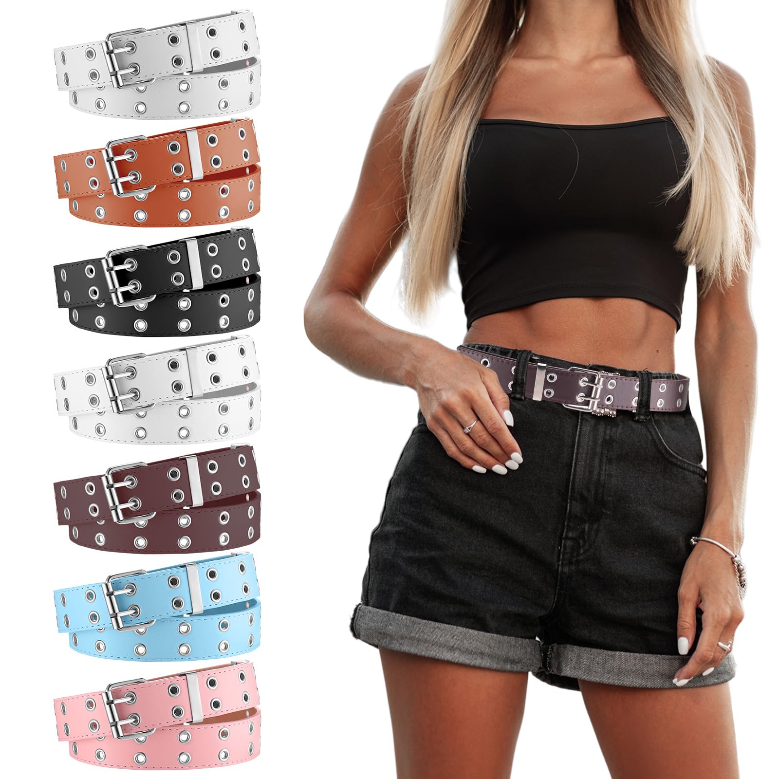 Chuarry 7 Pcs Grommet Belts for Women Double Grommet Belts Punk Leather Belts with Double Studded Holes Buckle Vintage Metal Rock Jeans Belt for Women Men Ladies