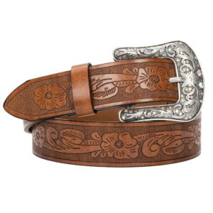 western-leather-belts for women turquoise-oval-buckle embossed cowgirl belt for jeans pants (fit for 31-37" waist)