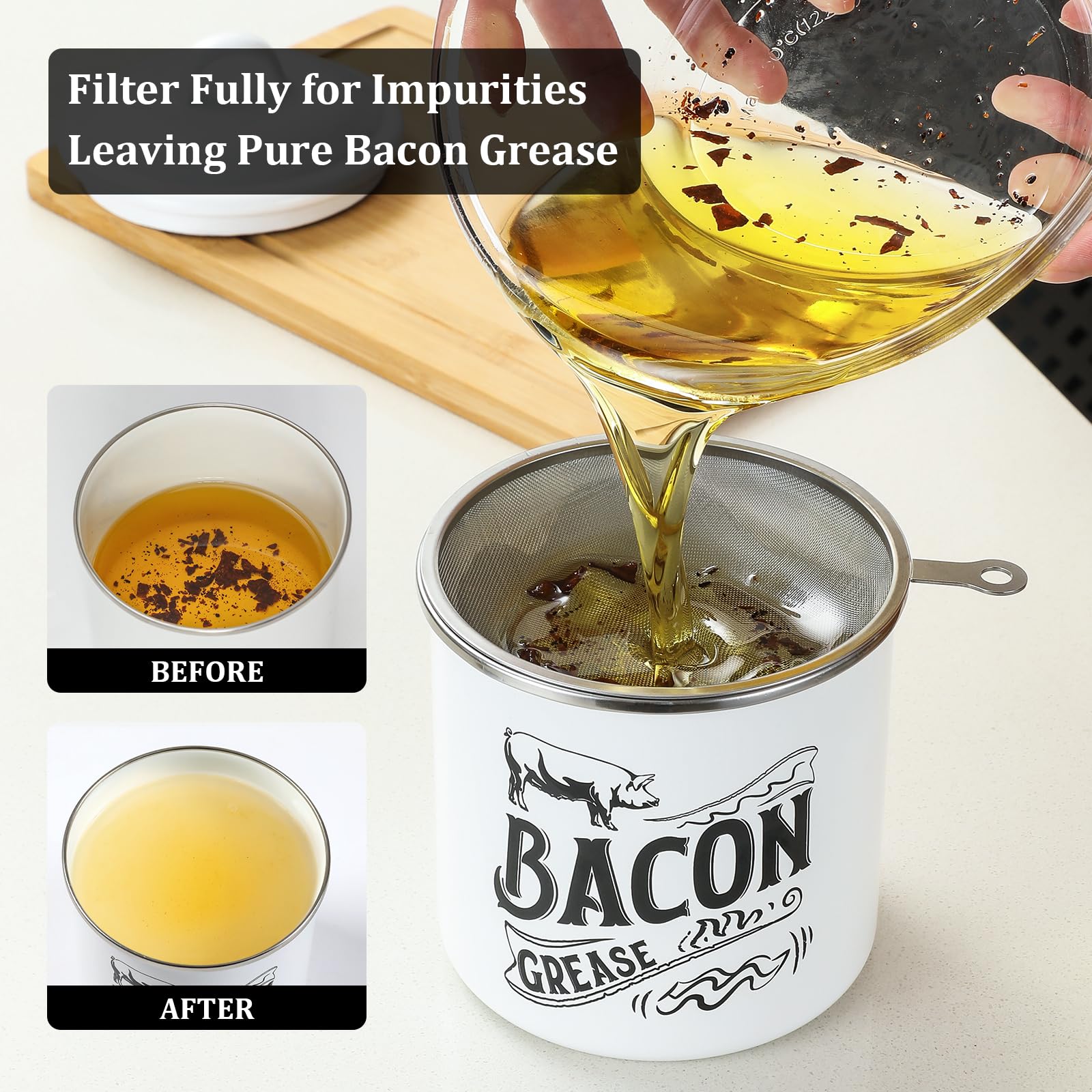 1.3L Bacon Grease Saver Container with Fine Mesh Strainer - Enamel & Stainless Steel Oil Keeper Can for Bacon Fat Dripping - Farmhouse Kitchen Gift & Decor Cooking Accessories - Dishwasher Safe, White