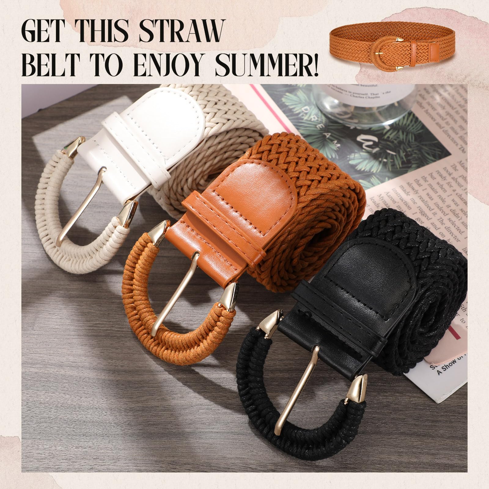 Suhine 3 Pcs Woven Waist Belt for Women Dress Wide Stretchy Rattan Belt Adjustable for Summer Dress Jeans Pants(Beige, Brown, Black)