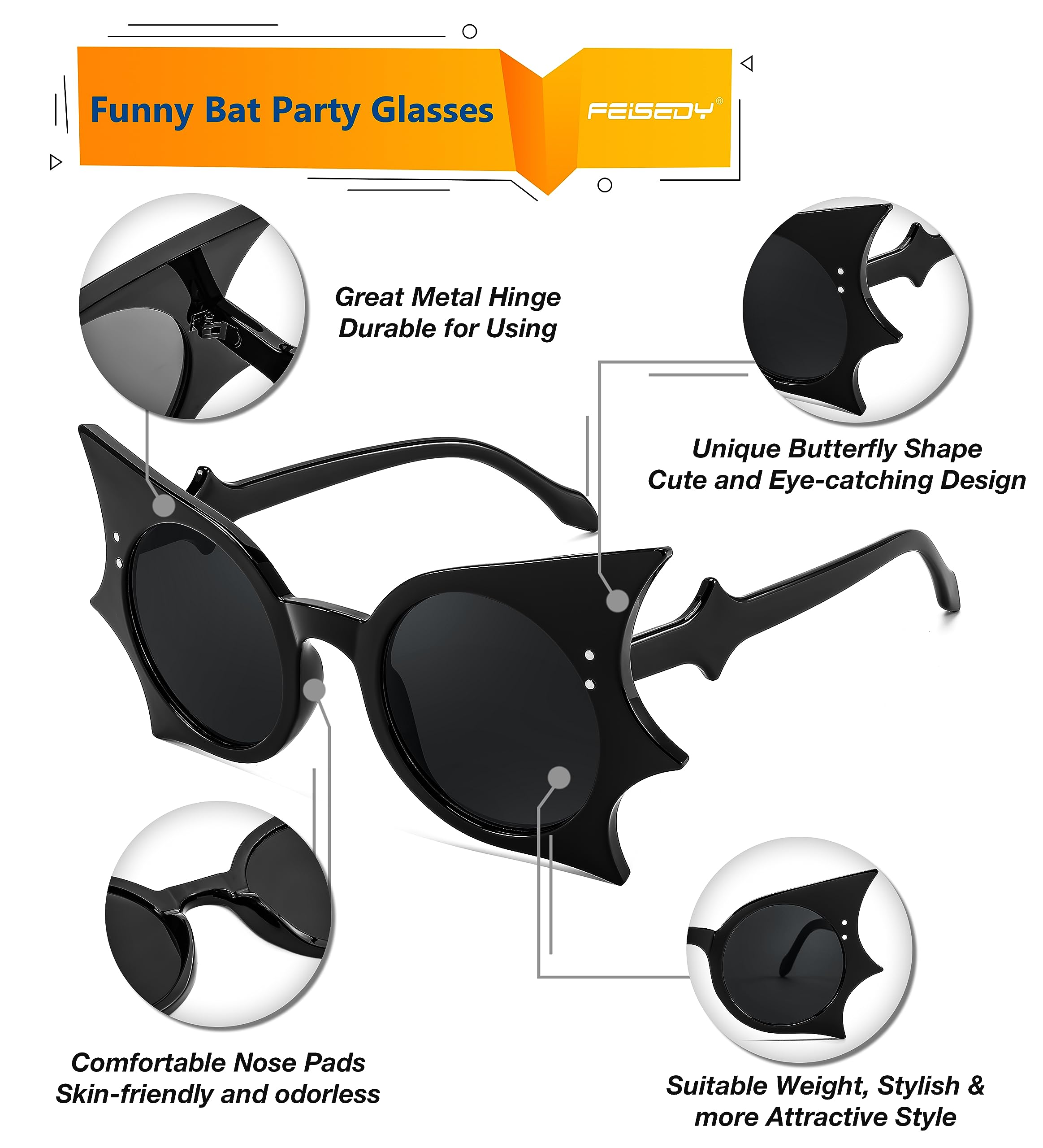 FEISEDY Women Men Funny Sunglasses, Butterfly Shaped Bat Shades for Halloween and Party B4142