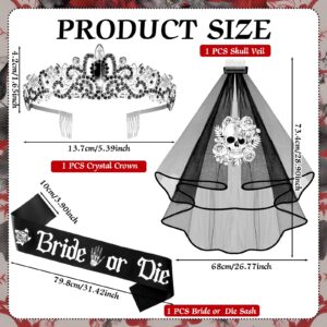 Crowye 3 Pcs Black Bride Veil Bride or Die Sash Bachelorette Party Decorations Crystal Bride Tiara Bride Crown Skull Wedding Veil with Comb Wedding Day Accessories Bridal Shower Decoration