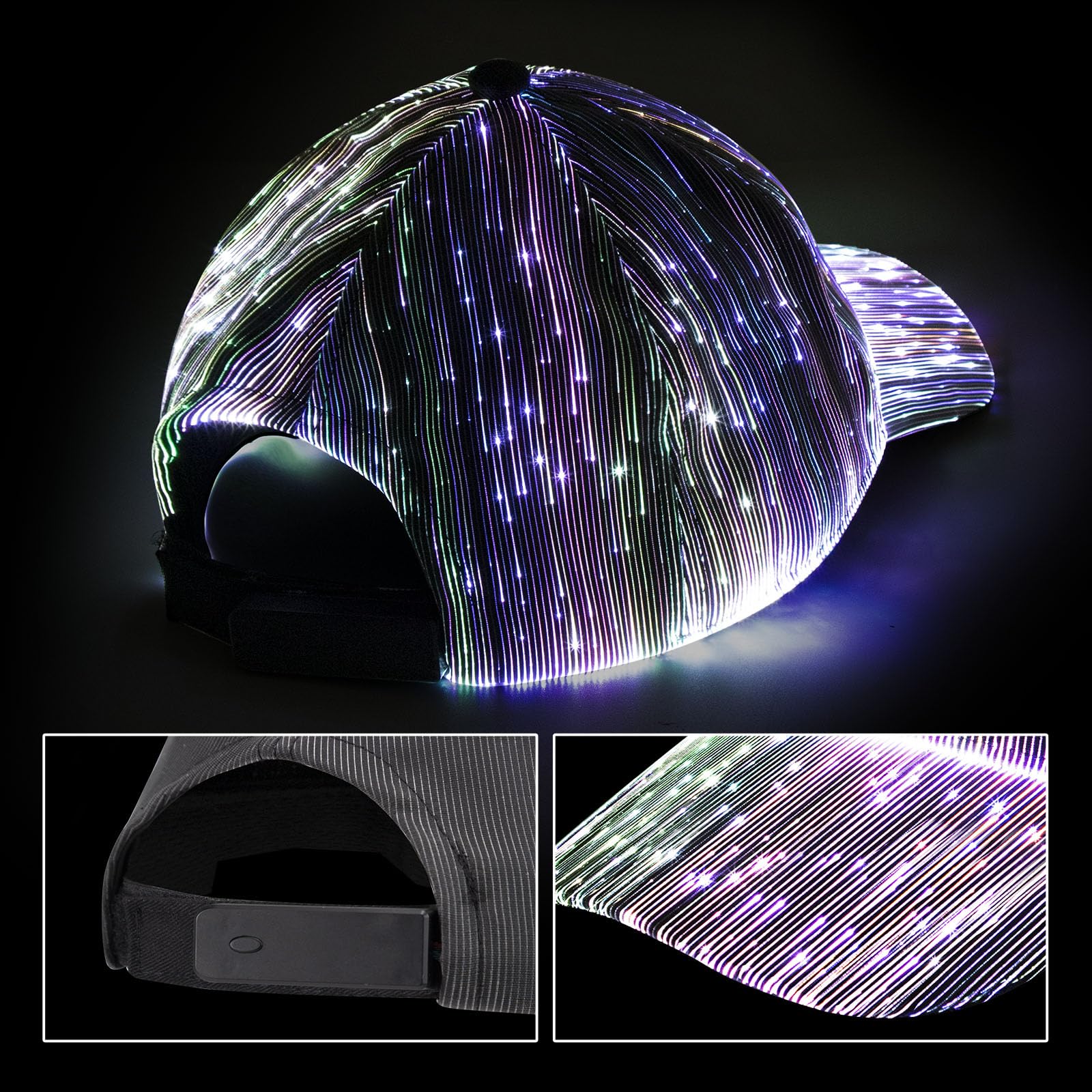 LIOVODE LED Hat, Baseball Cap Light Up with Fiber Optic 7 Colors Luminous USB Charging Shining Sun Visor Hat Accessories Hip pop Summer Party (Black)