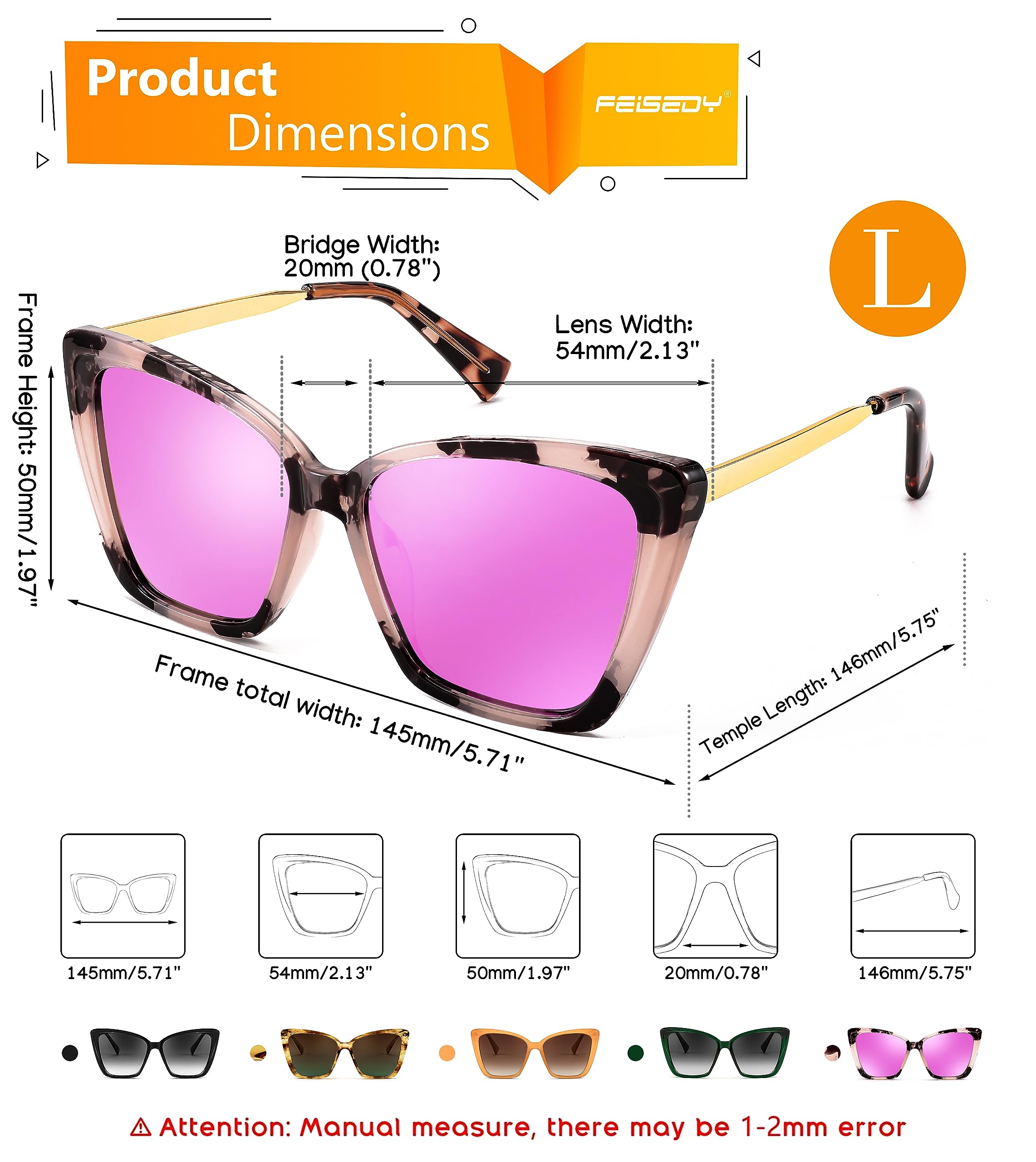 FEISEDY Trendy Polarized Women Sunglasses, Retro Womens Square Cat Eye Sun Glasses B4134