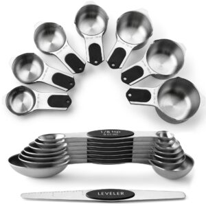 Spring Chef Magnetic Measuring Cups & Spoons Set (Patent Pending), Strong N45 Magnets, Heavy Duty Stainless Steel Fits in Spice Jars for Baking & Cooking, BPA Free, Round Set of 15 with Leveler, Black