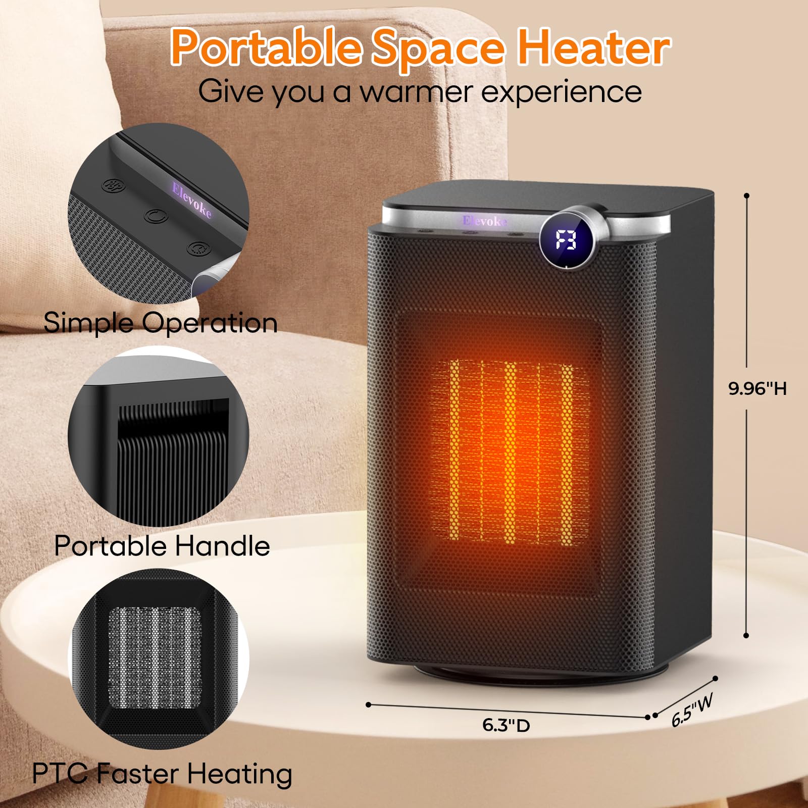 Elevoke Space Heater, Space Heaters for Indoor Use, 1500W PTC Electric Heaters with 90°Oscillating, 3 Modes, 12H Timer, Overheat Protection, Fast Heating Safe Small Heater Fan for Home Office Bedroom