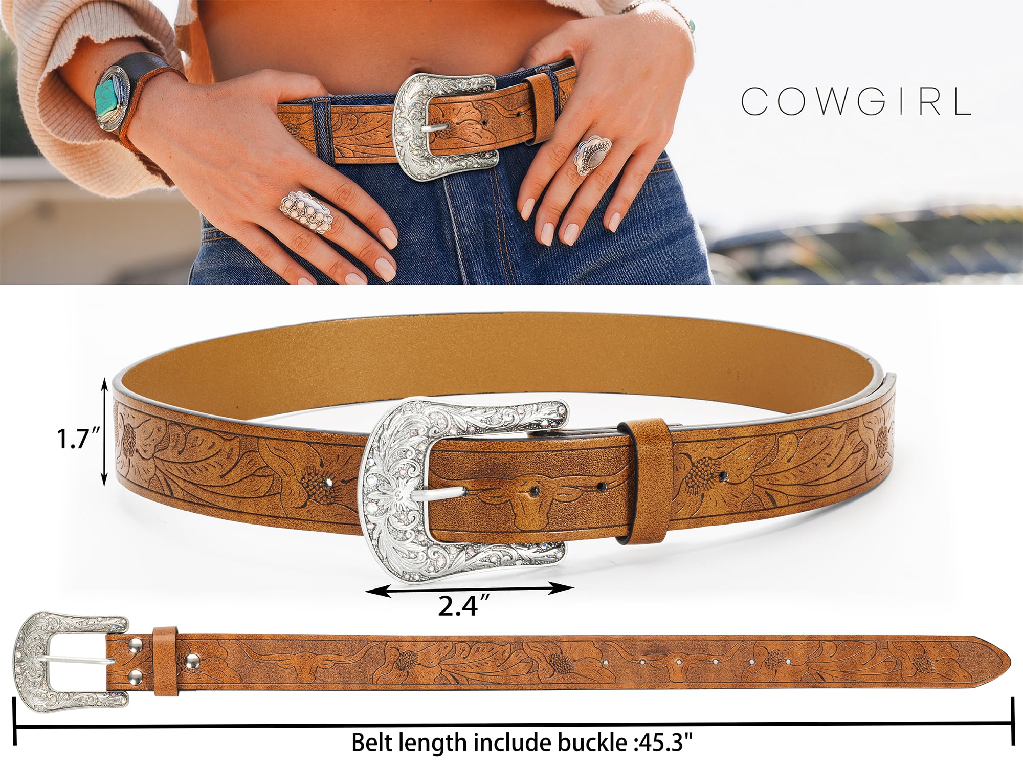 XuoAz Women Vintage-Western PU Leather Rhinestone-Buckle-Belt Cowgirl Bling-Diamond Country Waist Belts(for 33" to 38" Waist)