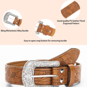 XuoAz Women Vintage-Western PU Leather Rhinestone-Buckle-Belt Cowgirl Bling-Diamond Country Waist Belts(for 33" to 38" Waist)