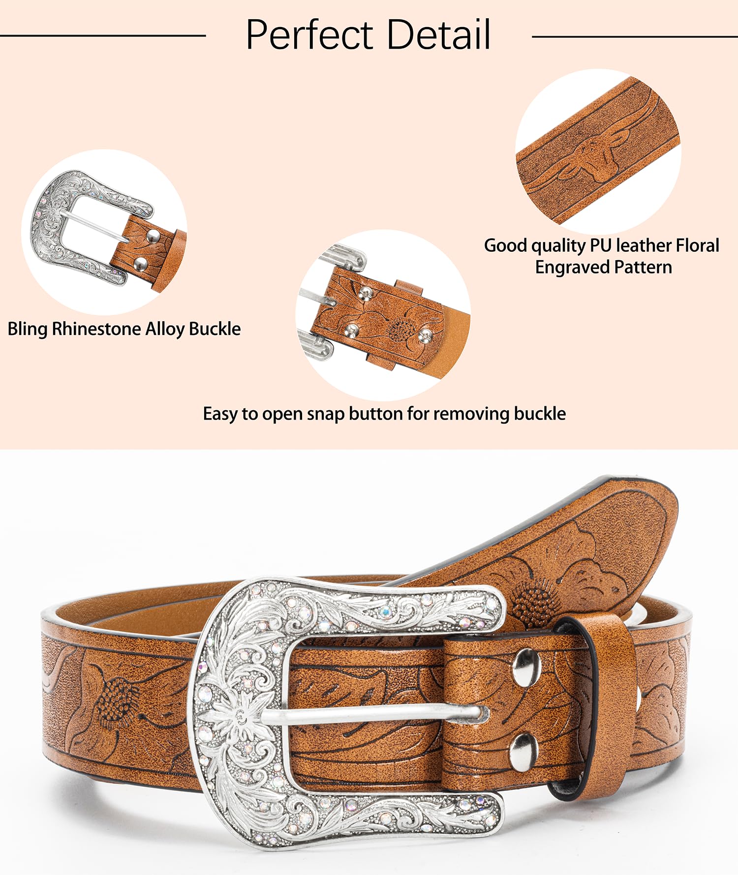 XuoAz Women Vintage-Western PU Leather Rhinestone-Buckle-Belt Cowgirl Bling-Diamond Country Waist Belts(for 33" to 38" Waist)