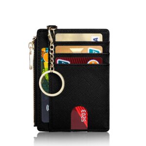 Suweibuke Slim Pocket Wallet, RFID Blocking Credit Card Holder Wallet with D-Shackle ID Window and Detachable keychain for Women (A-Black)