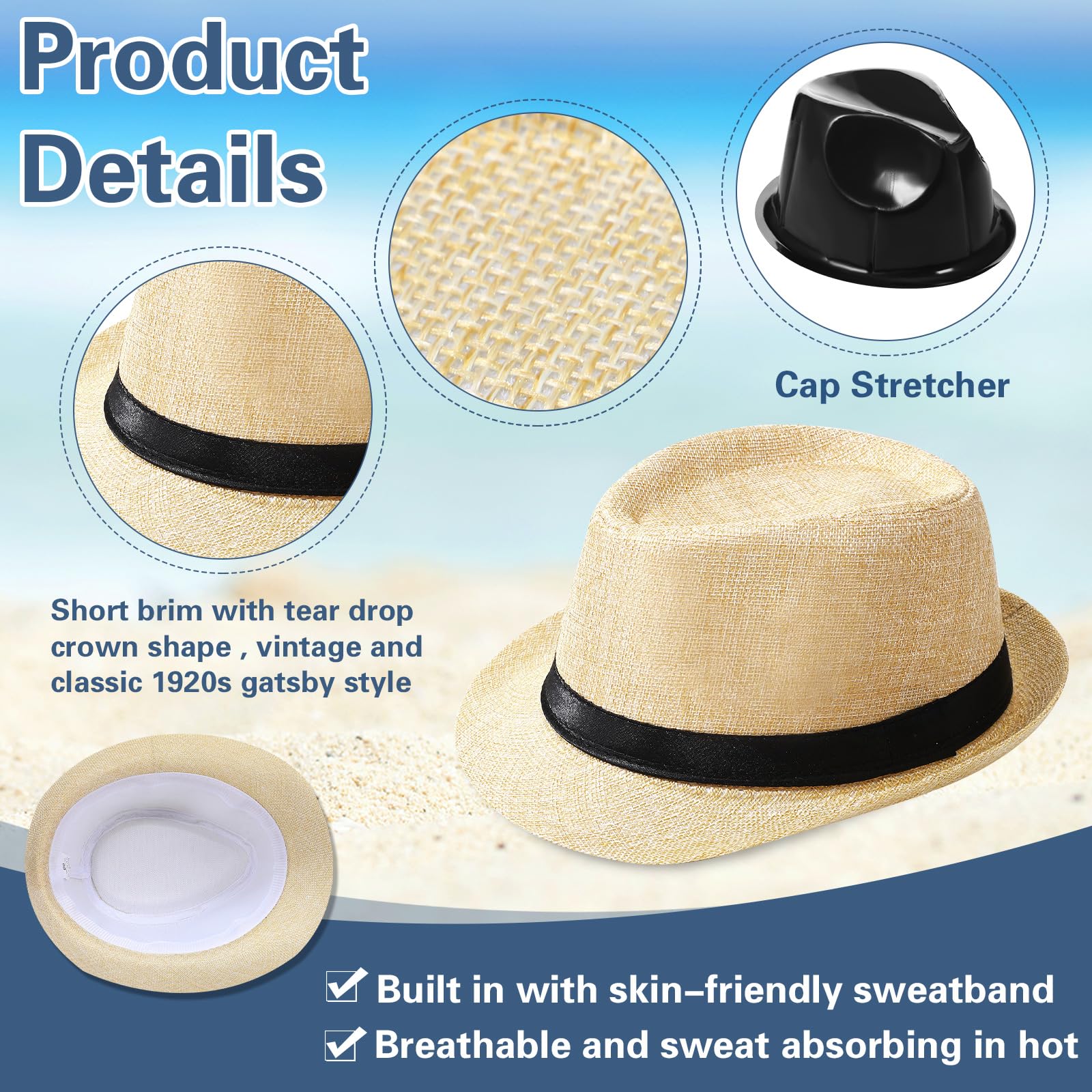 Suhine 36 Pcs Halloween Men Hat Bulk 20s Straw Short Brim Sun Panama Women Party Costume, Circumference 60 cm (Beige)