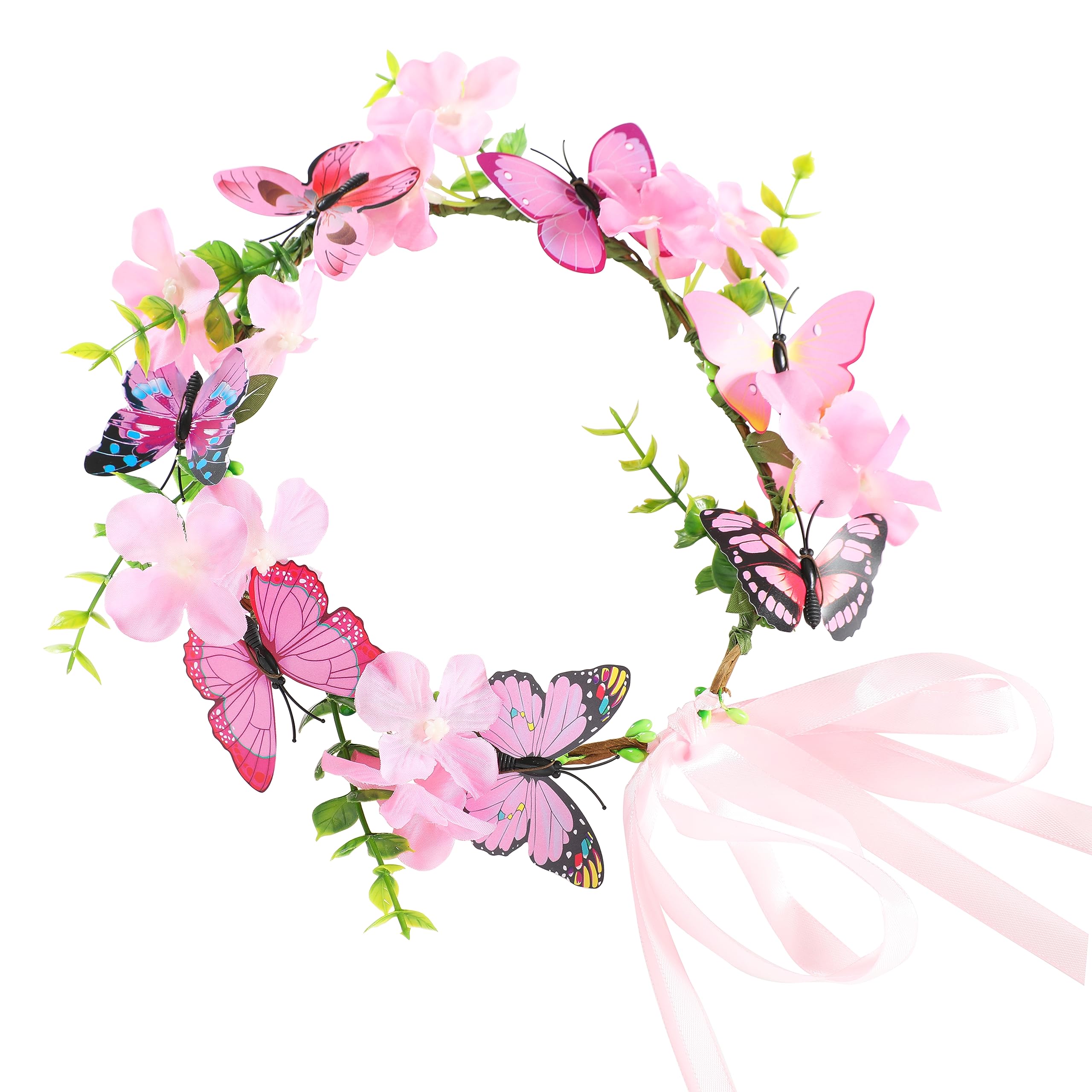 Gmmidea Butterfly Flower Crown for Women Girls Fairy Flower Headband Crown Adjustable Wedding Festival Floral Hair Wreath Pink