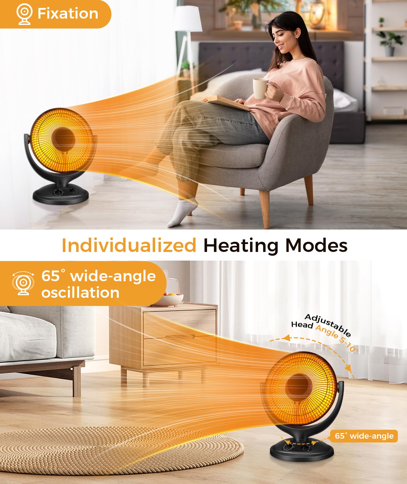 Joy Pebble Space Heater, 400W/800W Oscillating Radiant Heater, 2-Level Rapid Heating, Electric Dish Heater with Tip-over&Overheat Protection, with 180-min Timer, Personal Space Heater for Home/Office