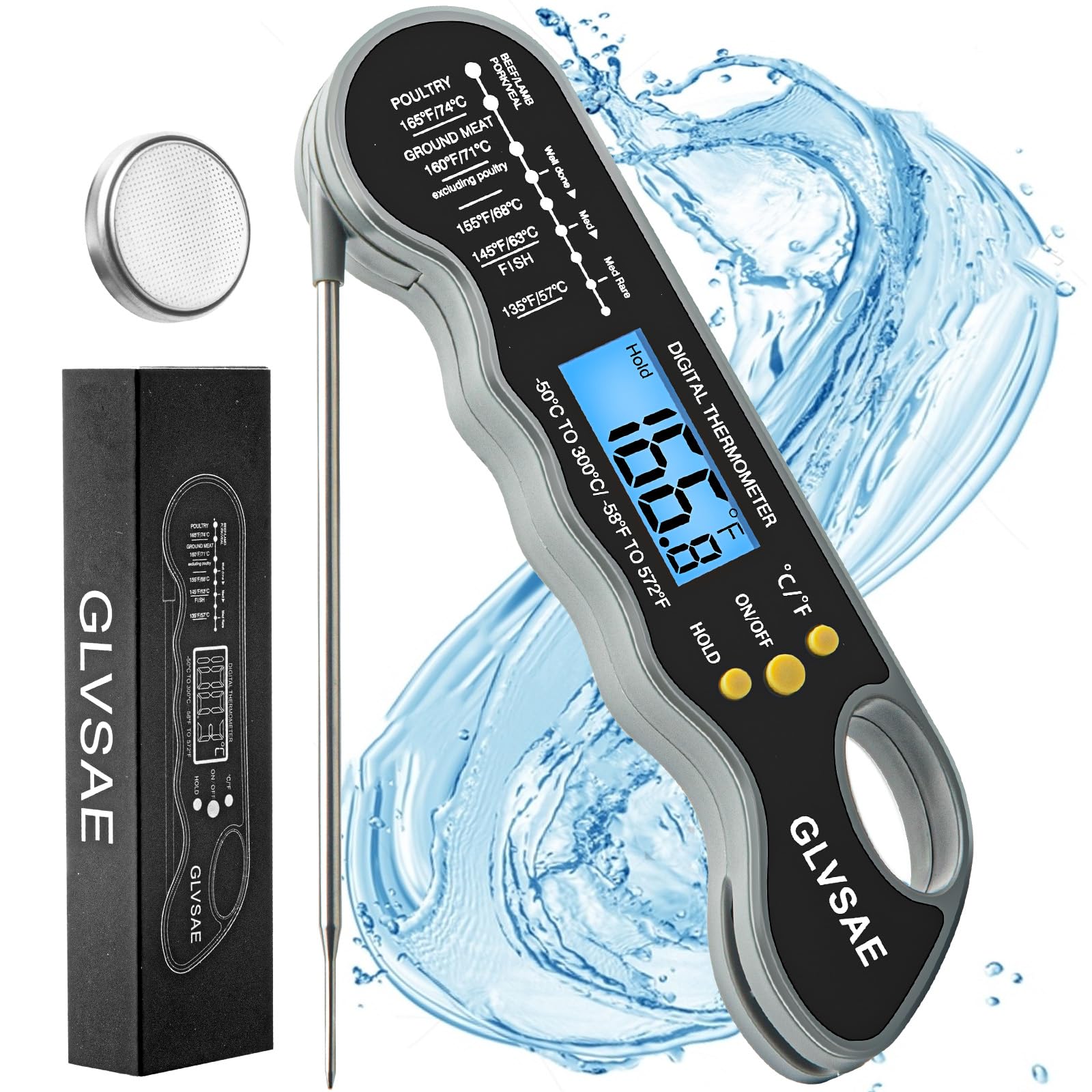 Waterproof Digital Instant Read Meat Thermometer with 4.6” Folding Probe Backlight & Calibration Function for Cooking Food Candy, BBQ Grill, Liquids,Beef by GLVSAE