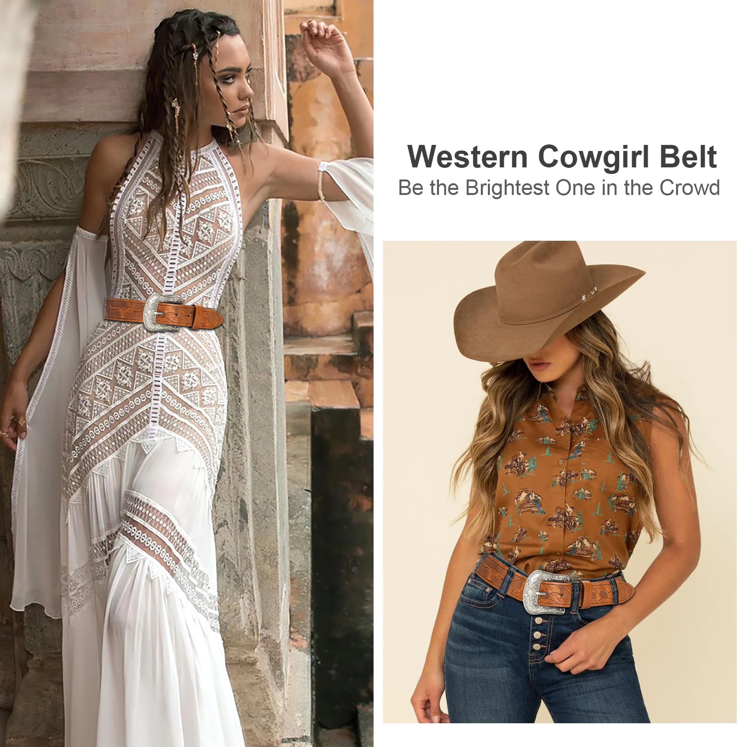 XuoAz Women Vintage-Western PU Leather Rhinestone-Buckle-Belt Cowgirl Bling-Diamond Country Waist Belts(for 33" to 38" Waist)