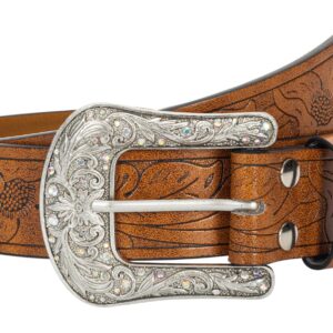 XuoAz Women Vintage-Western PU Leather Rhinestone-Buckle-Belt Cowgirl Bling-Diamond Country Waist Belts(for 33" to 38" Waist)