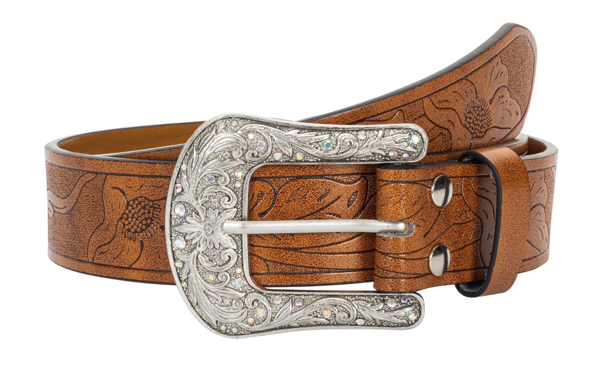 XuoAz Women Vintage-Western PU Leather Rhinestone-Buckle-Belt Cowgirl Bling-Diamond Country Waist Belts(for 33" to 38" Waist)