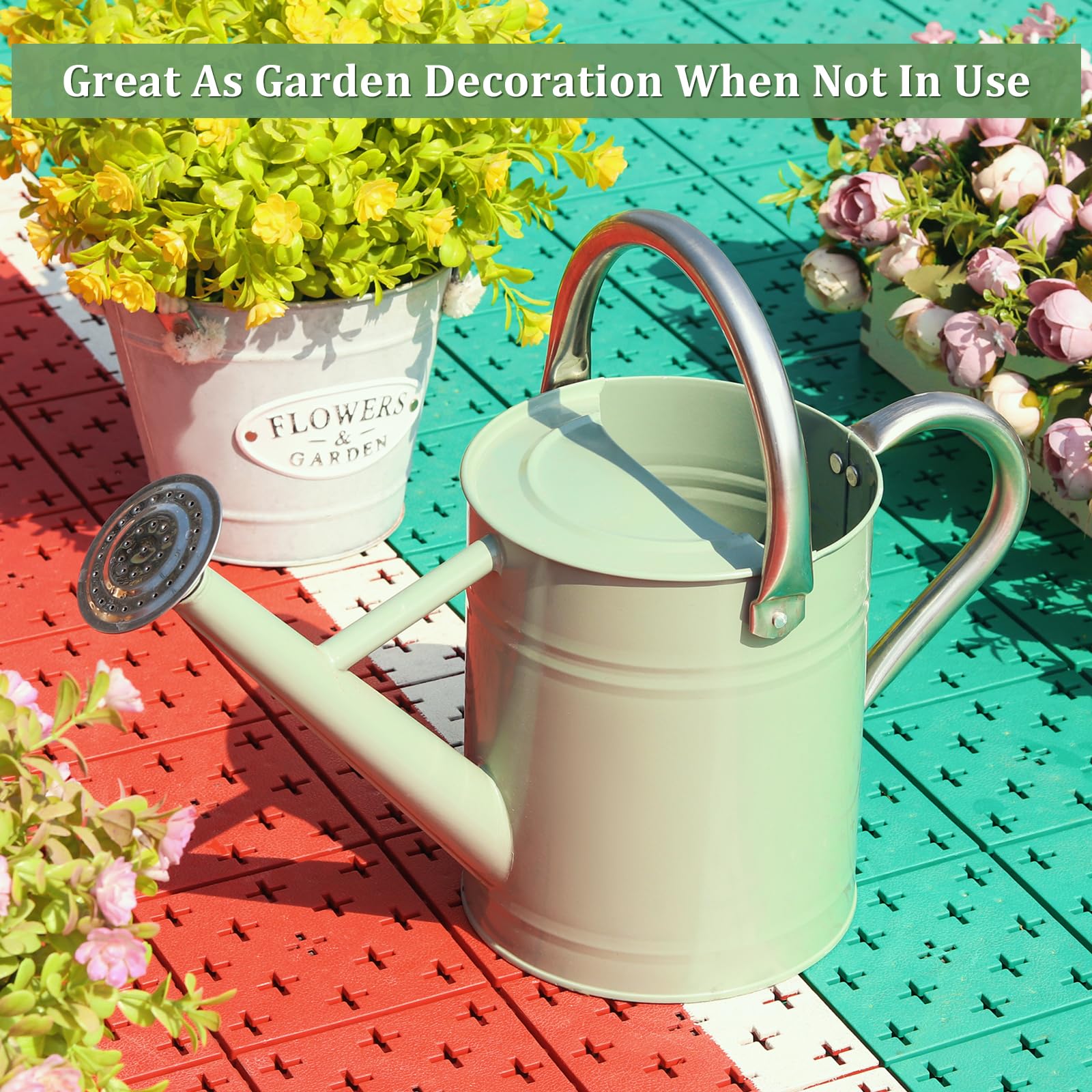 CherHome Watering Can for Outdoor Plants&Indoor Plants,Plant Watering Can 1 Gallon,Metal Flower Garden Watering Can Water Can Watering Pot,Galvanized Steel Watering Can Outdoor(Cream Green)