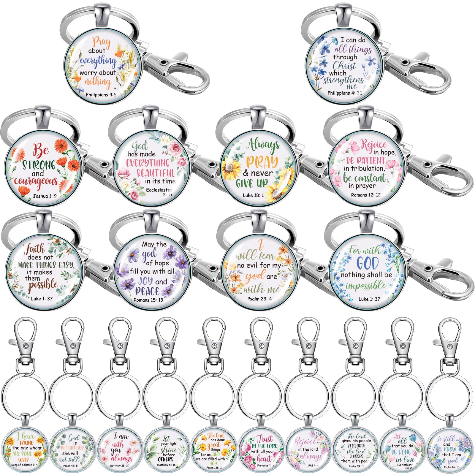 Sasylvia 20 Pcs Christian Keychains for Women Inspirational Scripture Quote Religious Keychains Bible Verse Gifts for Prayers(Flowers)