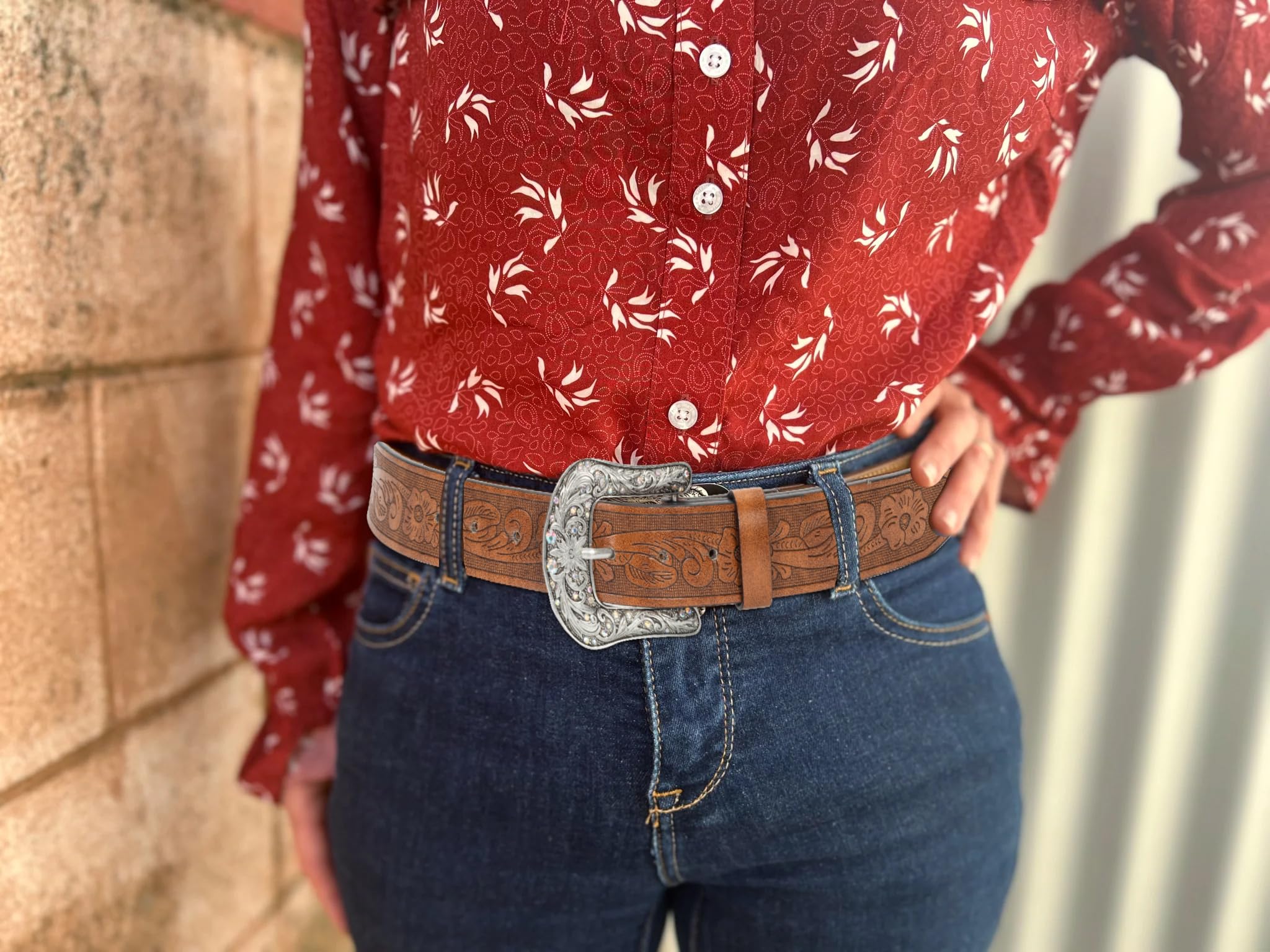 Western-Leather-Belts for Women Turquoise-Oval-Buckle Embossed Cowgirl Belt for Jeans Pants (Fit for 31-37" Waist)