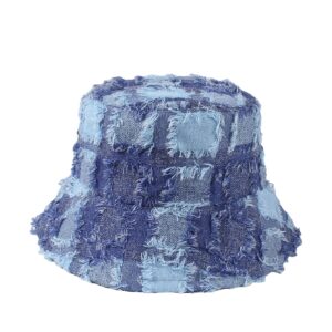 Verdusa Women's Plaid Print Raw Trim Denim Bucket Hats Outdoor Fishing Caps Blue one-Size