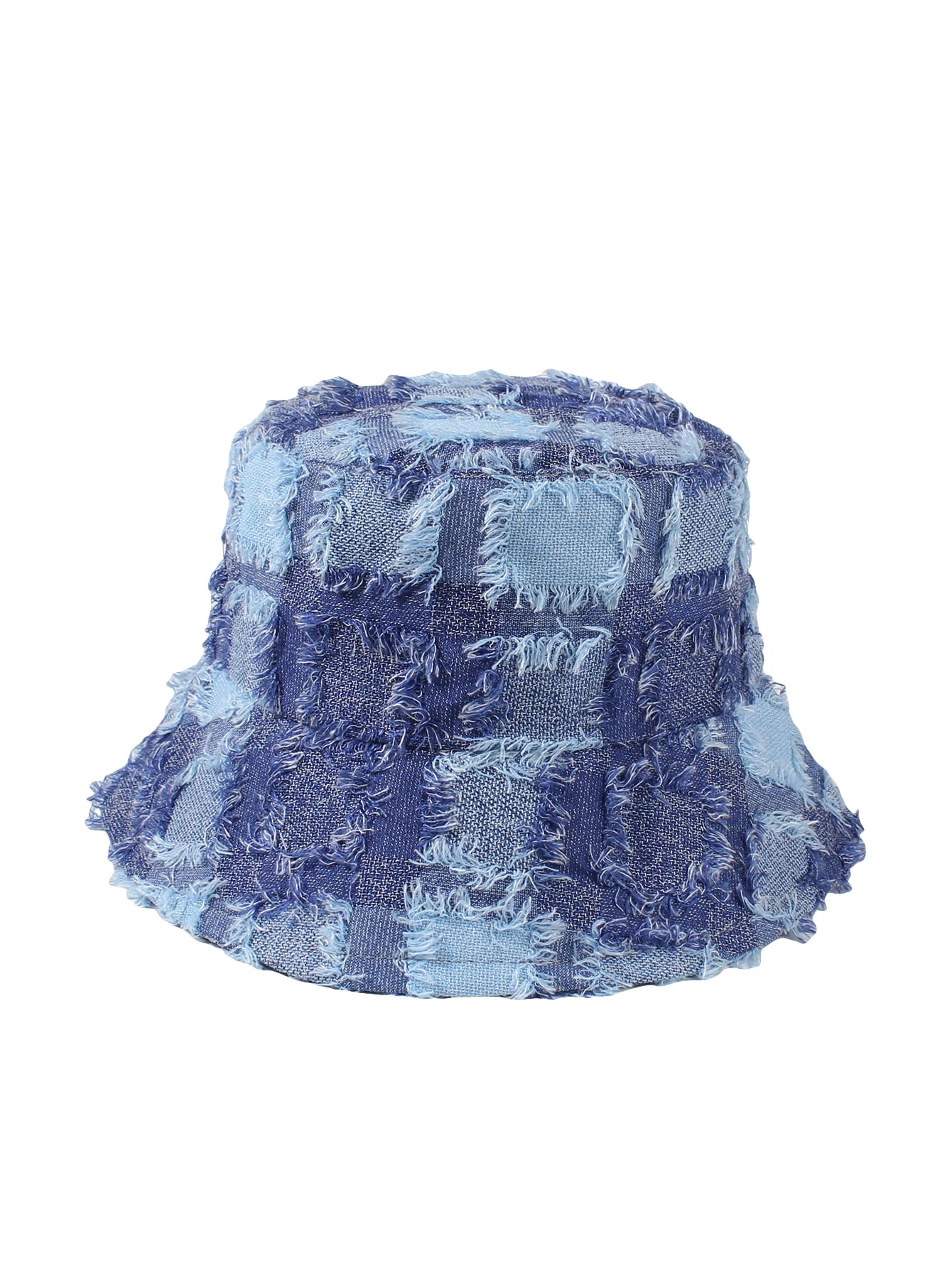 Verdusa Women's Plaid Print Raw Trim Denim Bucket Hats Outdoor Fishing Caps Blue one-Size