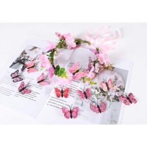 Gmmidea Butterfly Flower Crown for Women Girls Fairy Flower Headband Crown Adjustable Wedding Festival Floral Hair Wreath Pink